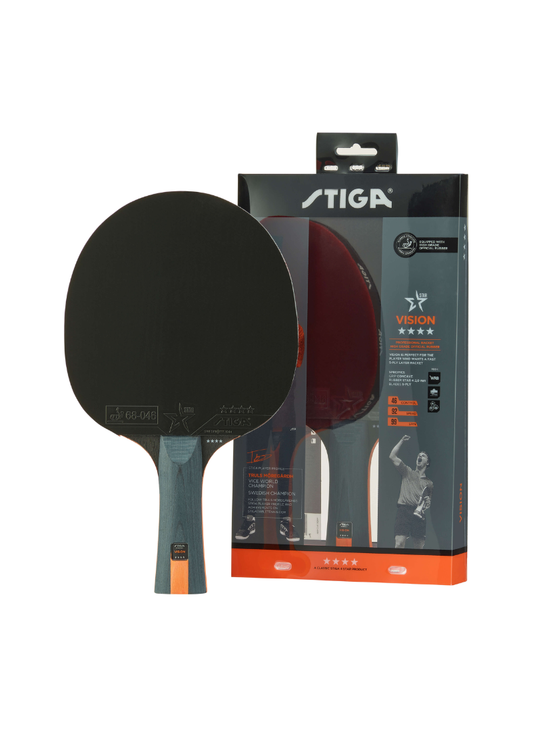 STIGA Vision 4-Star table tennis racket shown alongside its original packaging displaying product specifications and VISION branding