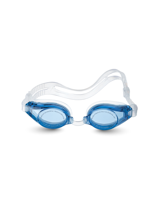 Blue and clear swim goggles with a transparent strap, shown from the side on a white background.