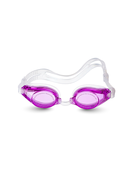 A pair of swim goggles with translucent purple lenses and a clear, flexible strap, shown against a plain white background.
