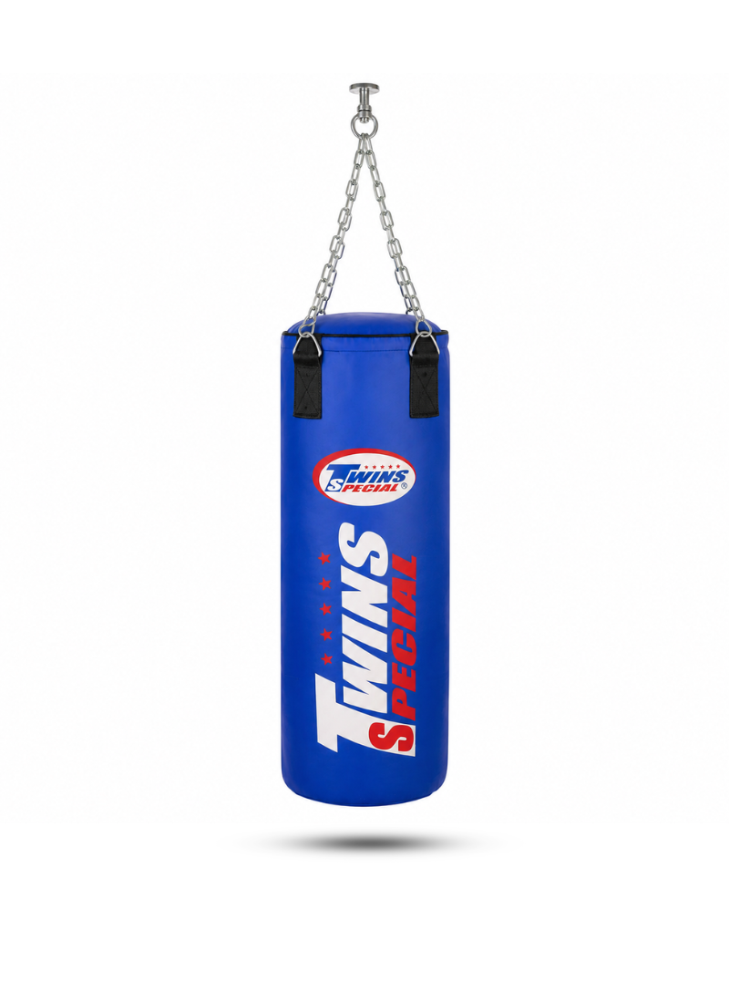 Blue Twins Special heavy boxing bag measuring 100 cm by 35 cm hanging from a metal chain and swivel assembly against a white background.