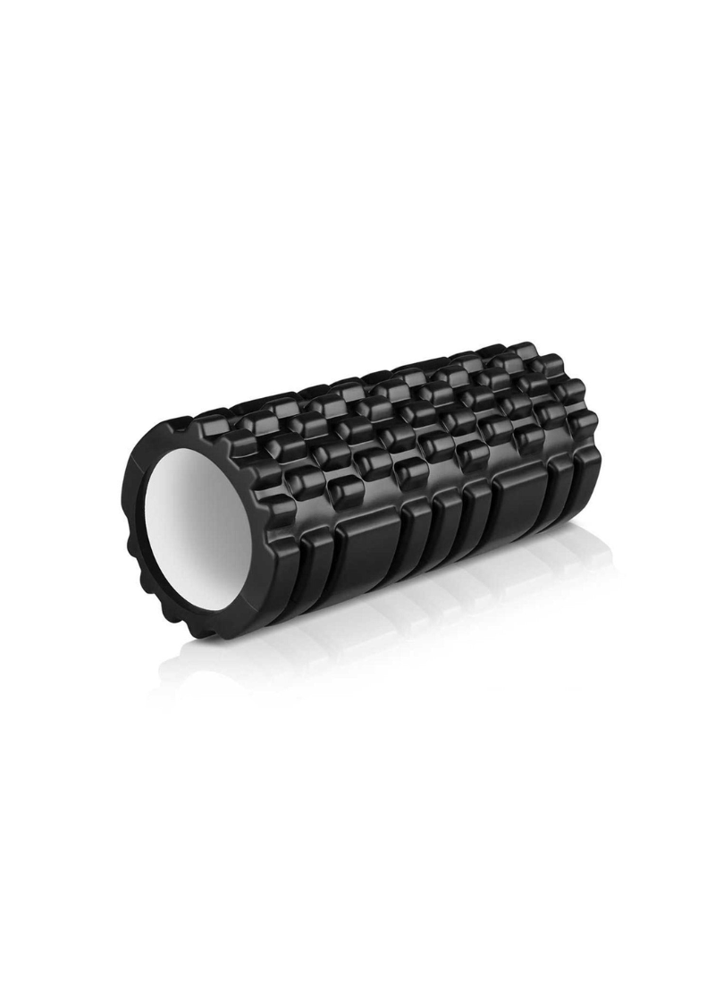 Textured black massage foam roller, angled product shot