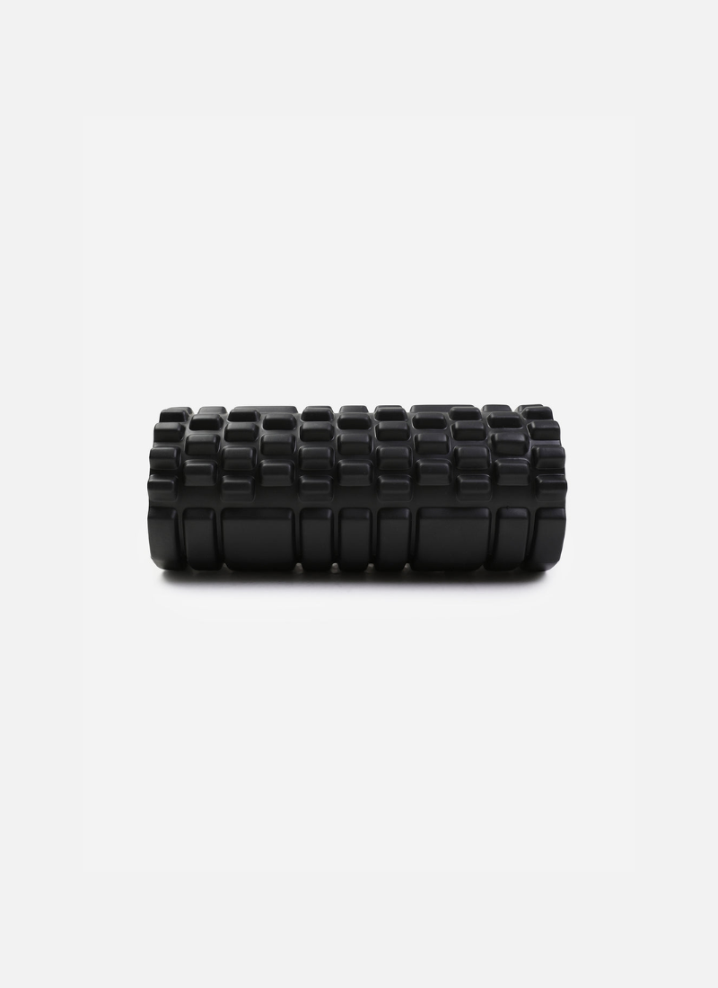 Textured black massage foam roller, straight-on product shot