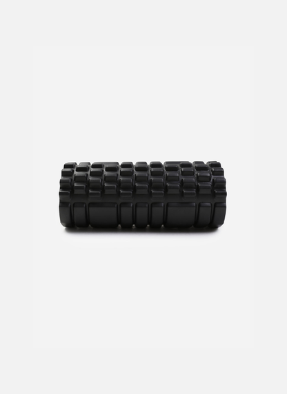 Textured black massage foam roller, straight-on product shot