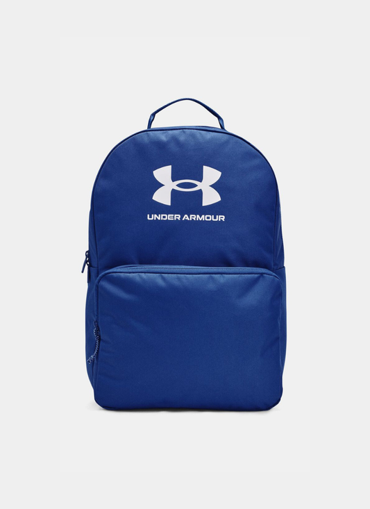 Blue backpack with Under Armour logo on a light gray background