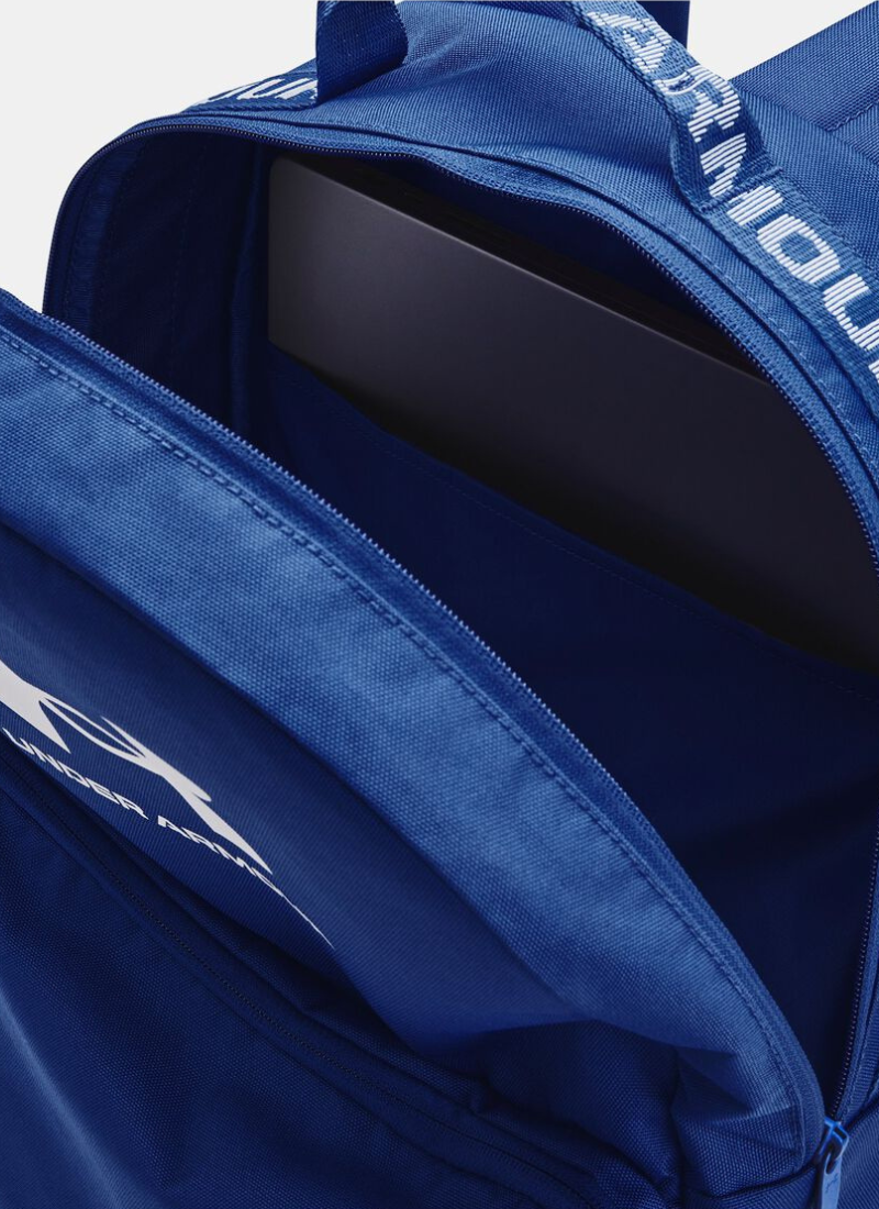 Close-up of a blue bag with a logo on a white background
