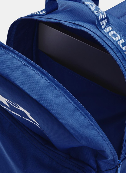 Close-up of a blue bag with a logo on a white background