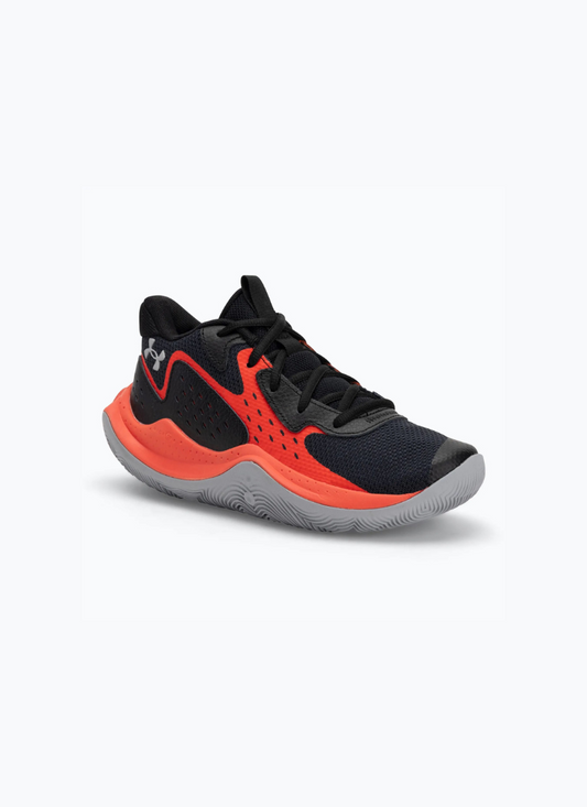 Side shot of a pair of Black and orange Under Armour Under Armour GS Jet '23 Kids sneaker on a white background