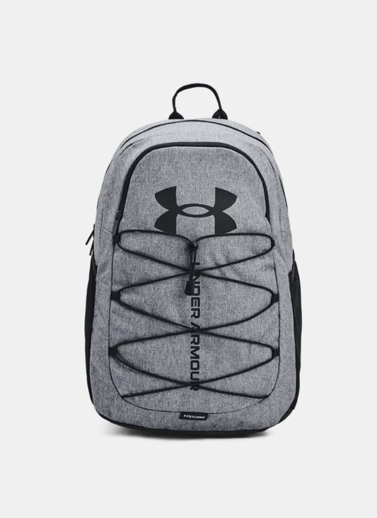 Gray backpack with Under Armour logo on a white background