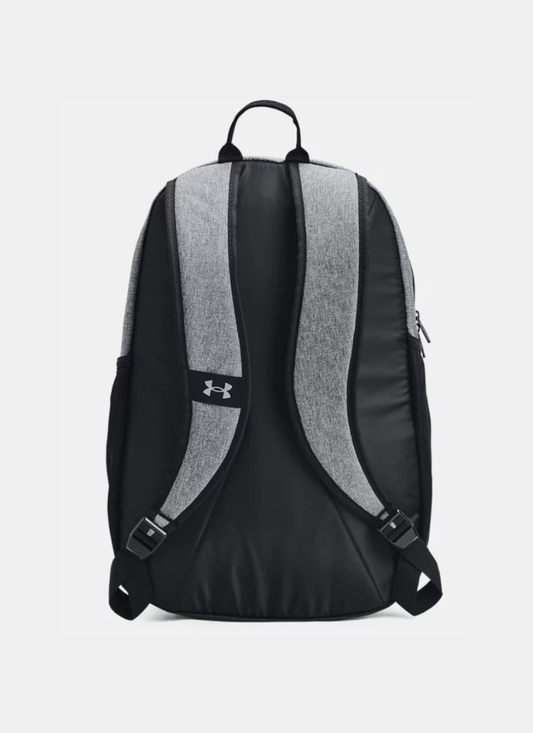 Back view of a gray backpack with Under Armour logo on a light gray background