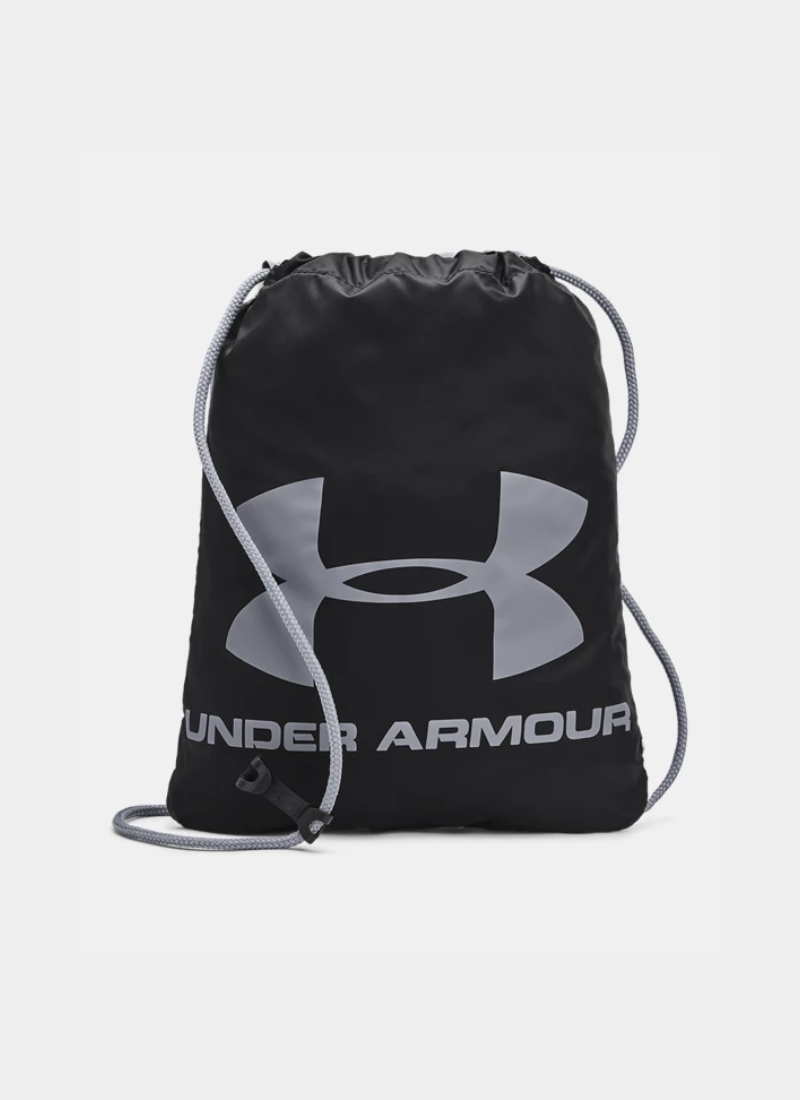 Black drawstring bag with Under Armour logo on a white background
