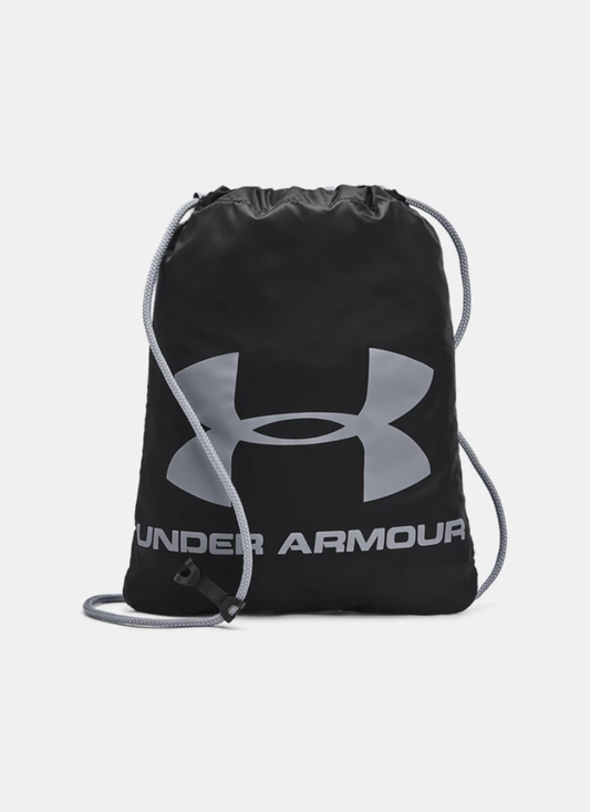 Black drawstring bag with Under Armour logo on a white background