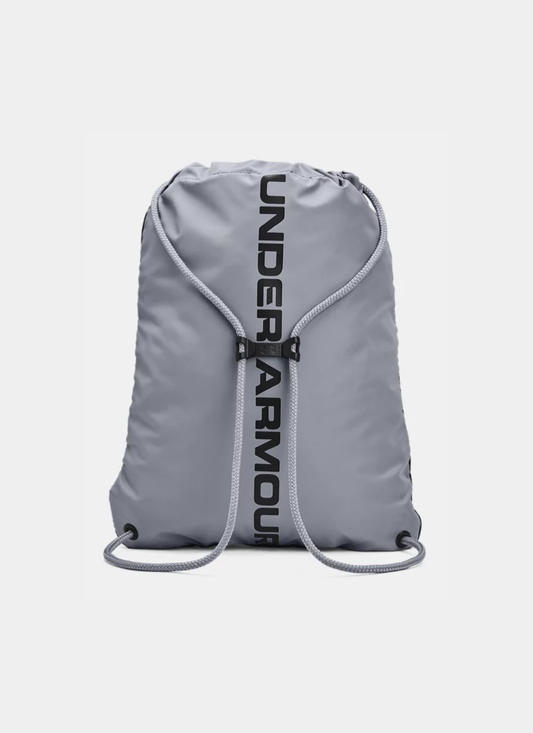 Back view of a Gray and black drawstring bag with Under Armour logo on a white background