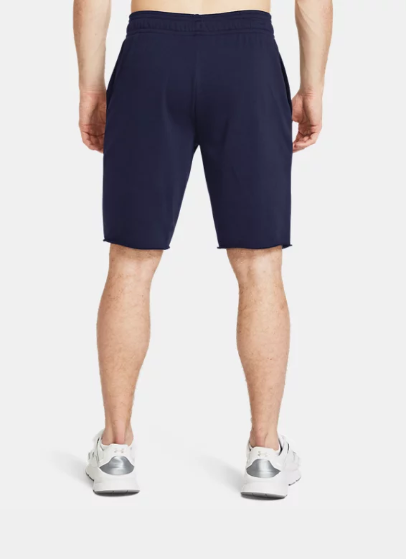 Back view of a Person wearing navy shorts on a white background