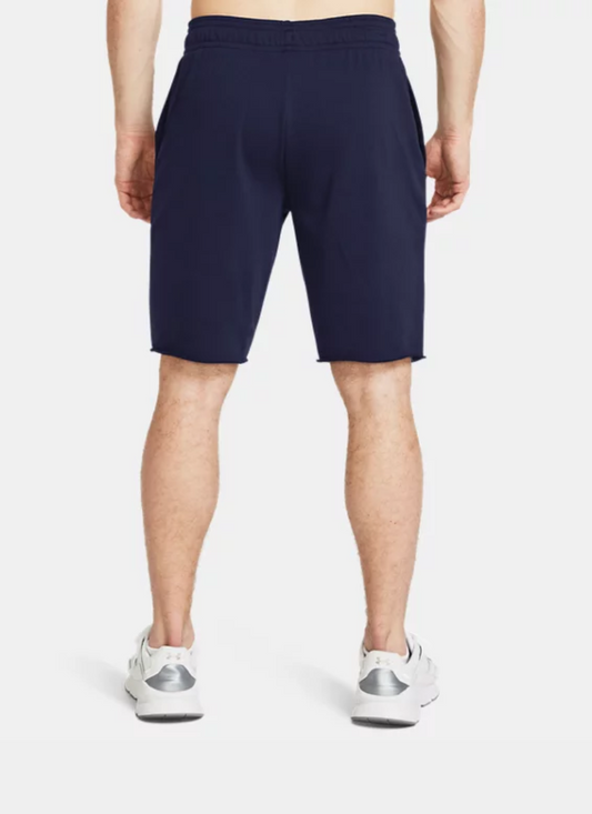 Back view of a Person wearing navy shorts on a white background