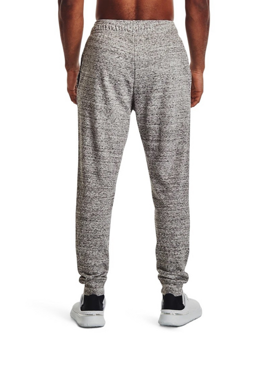 Back view of a Person wearing gray jogger pants on a white background