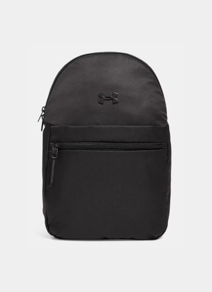 Black backpack with Under Armour logo on a light gray background
