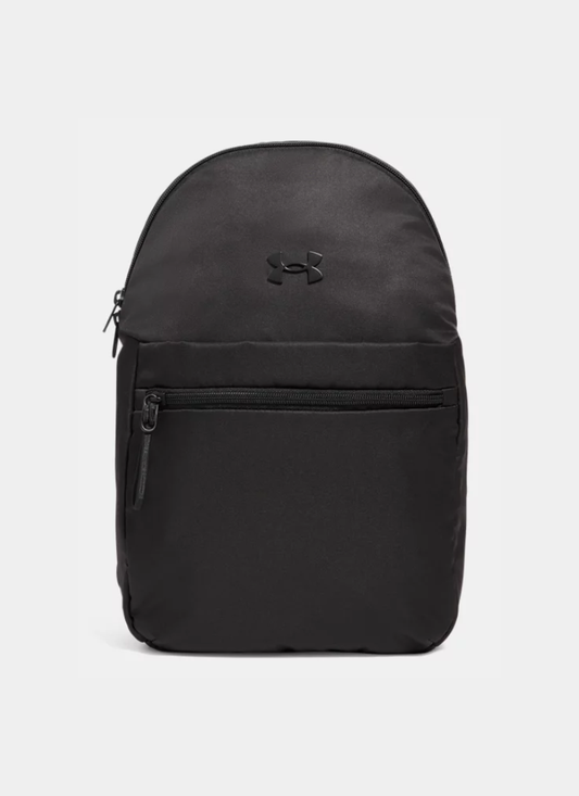 Black backpack with Under Armour logo on a light gray background