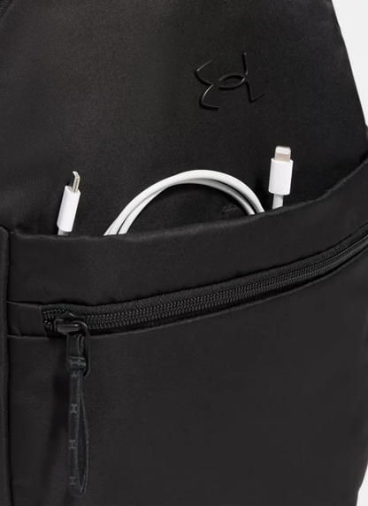 Black backpack with a visible brand logo, open to reveal white cables inside.