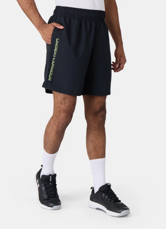 Person wearing black Under Armour shorts on a white background