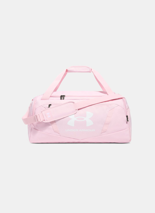 Pink duffel bag with Under Armour logo on a white background