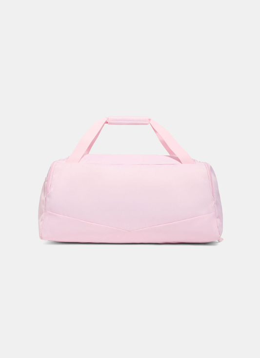 Back view of a Pink duffel bag with Under Armour logo on a white background