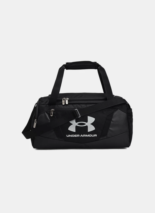 Black Under Armour duffel bag on a light gray background