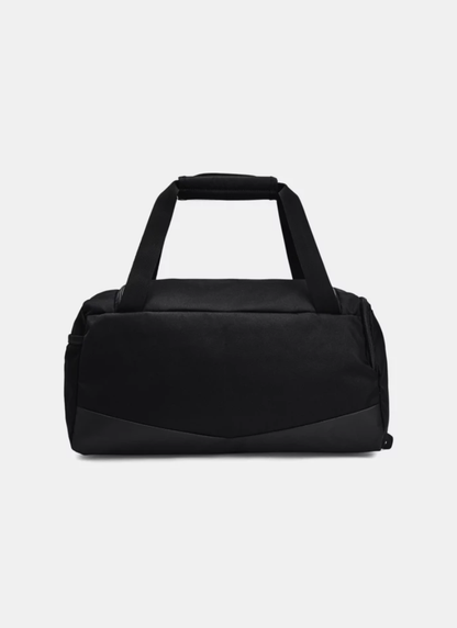 Back view of Black Under Armour duffel bag on a light gray background
