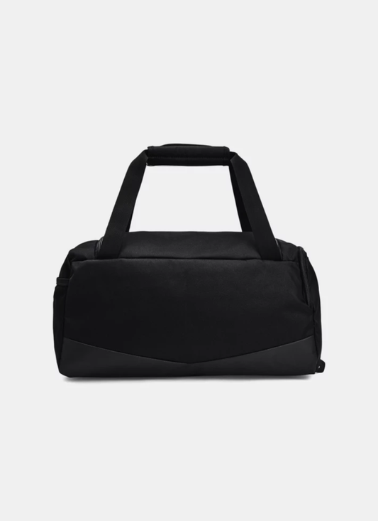 Back view of Black Under Armour duffel bag on a light gray background
