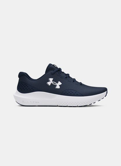 Navy running shoe with white sole on a light gray background
