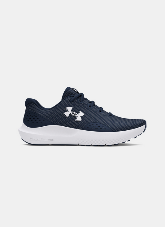 Navy running shoe with white sole on a light gray background