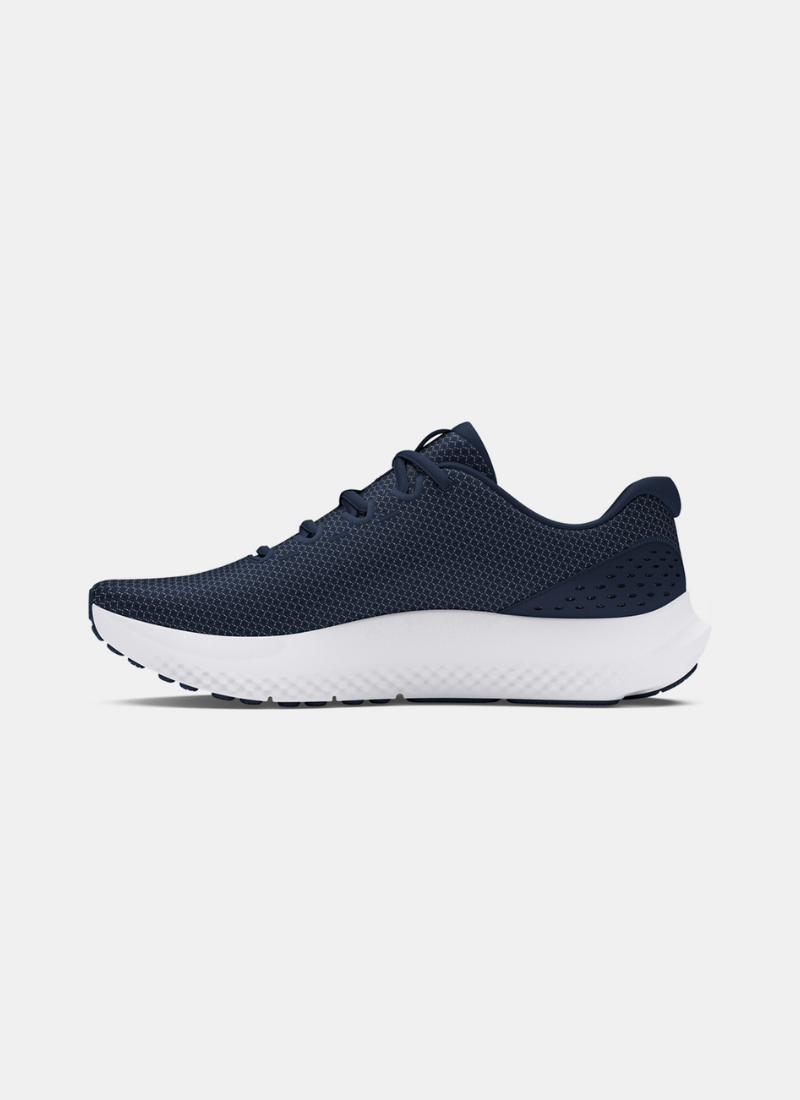 Navy running shoe on a white background
