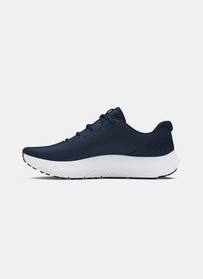 Navy running shoe on a white background