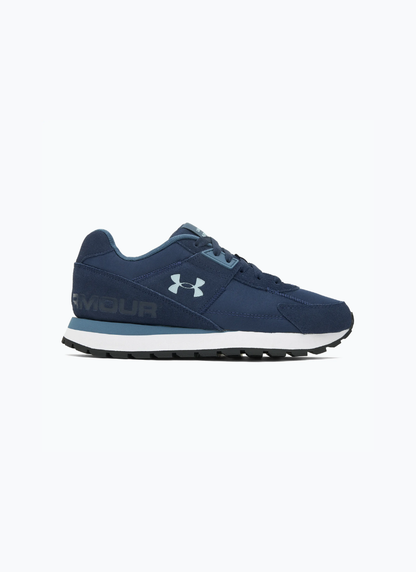 Navy and white UA Essential Runner sneaker with textured side panel on a white background