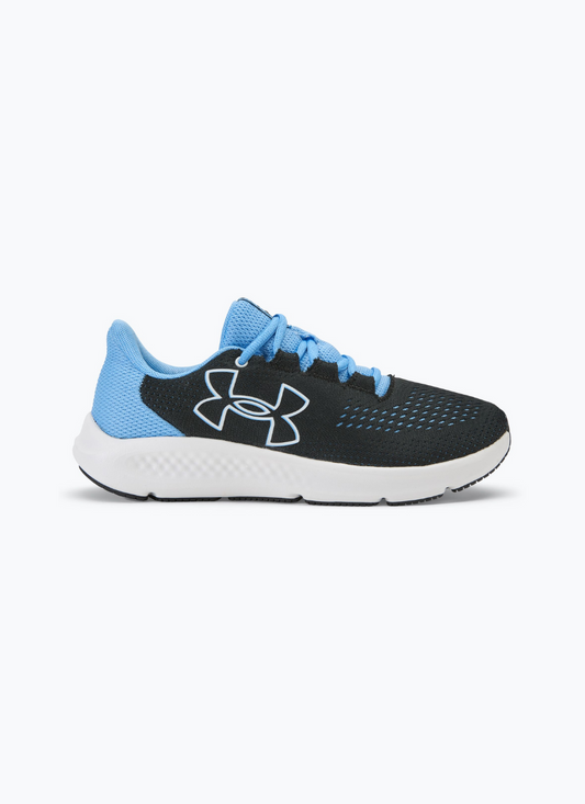 Side view of a pair of Under Armour Women's Charged Pursuit 3 in black and blue against a white background