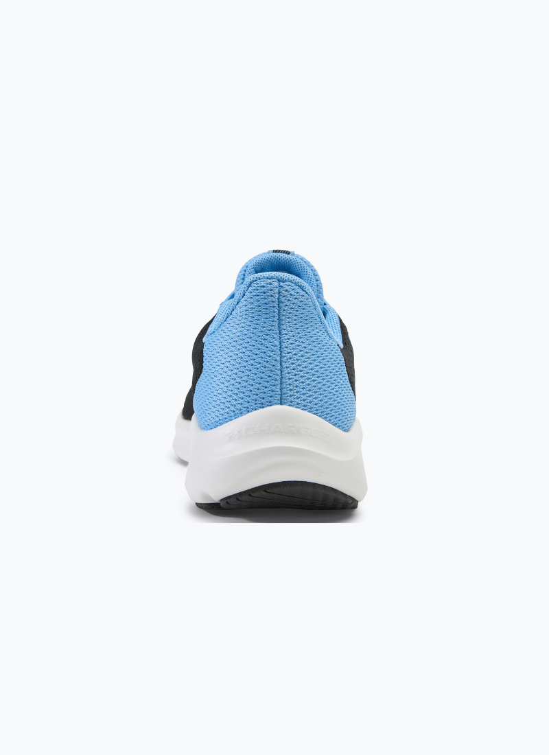 Back view of a pair of Under Armour Women's Charged Pursuit 3 in black and blue against a white background