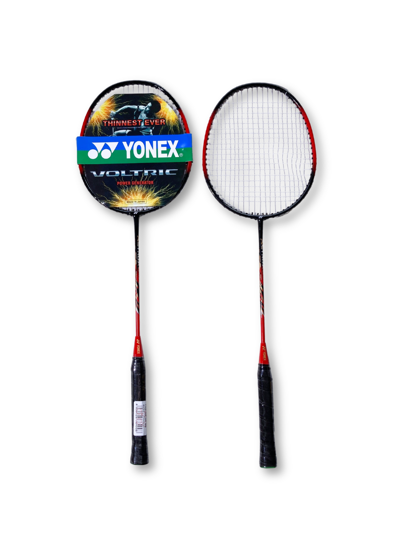 Two Yonex Voltric red and black badminton rackets placed side by side.