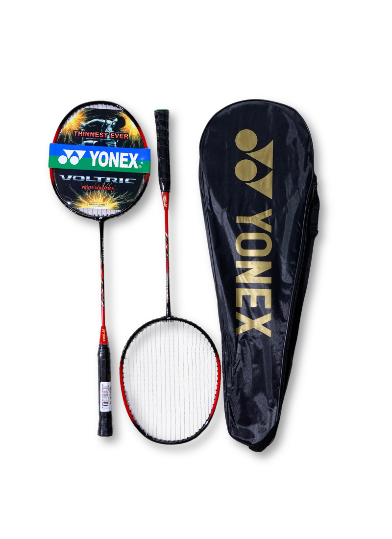 Pair of Yonex Voltric red and black badminton rackets displayed alongside a black Yonex carrying case.
