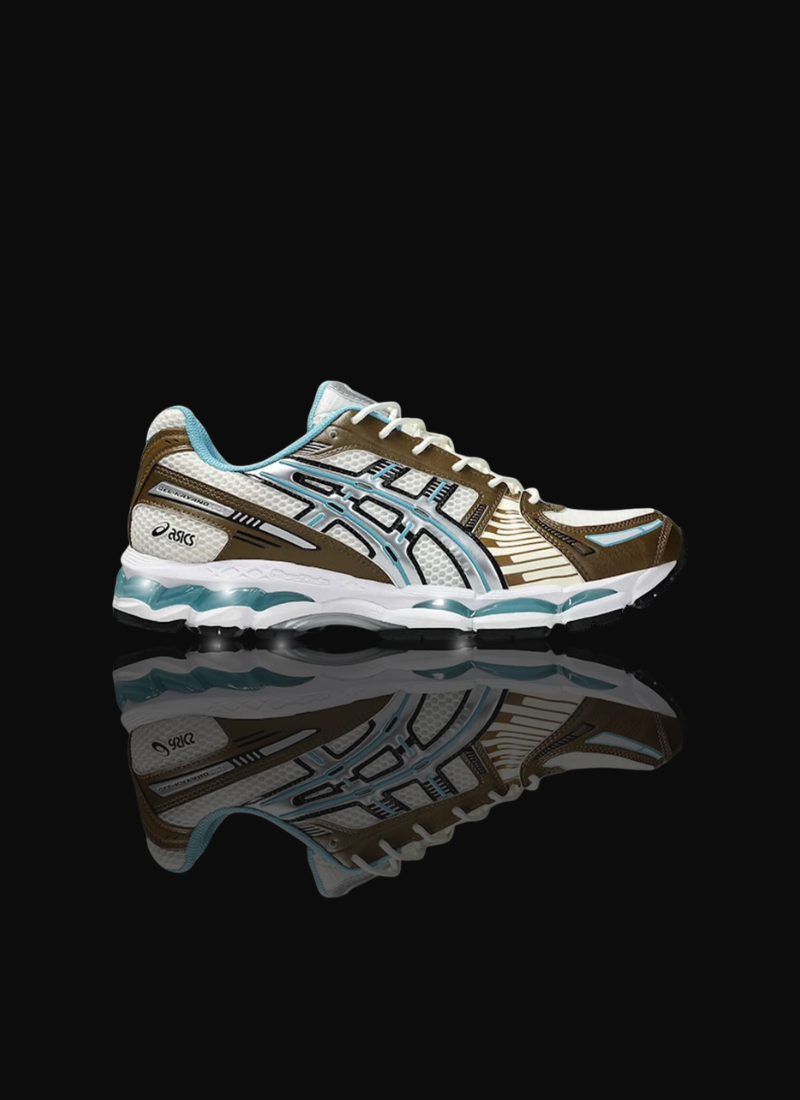 Asics Gel-Kayano 12.1 Cream/Stillwater sneaker, side profile on black background with floor reflection.