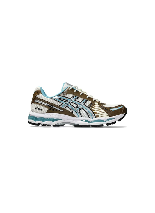 Asics Gel-Kayano 12.1 Cream/Stillwater sneaker, full lateral side view on white background.