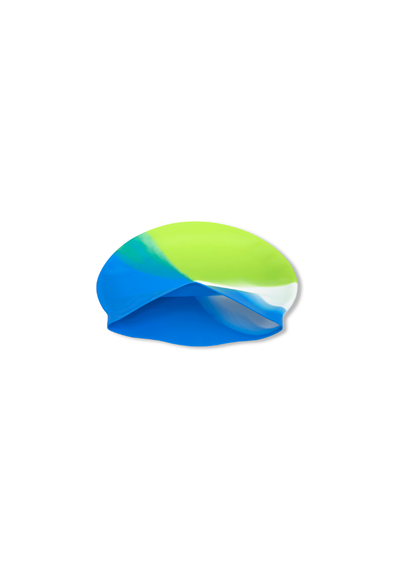 A silicone swim cap with a tri-color design of bright blue, lime green, and white, shown on a plain white background.