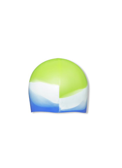 A silicone swim cap with a color-blocked design featuring a bright lime green top half, a white middle band, and a blue bottom half, shown against a plain white background.