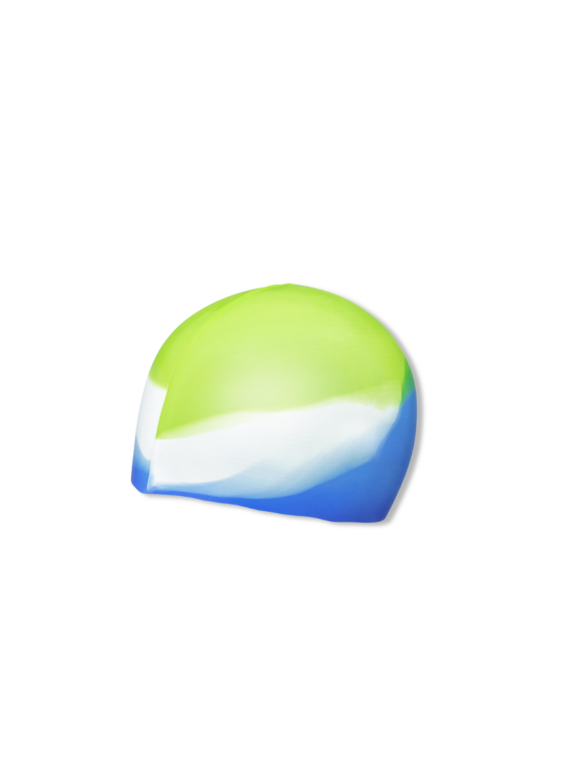 A swim cap with a color-blocked design featuring a bright lime green top section, a white middle band, and a blue bottom section, shown on a plain white background.