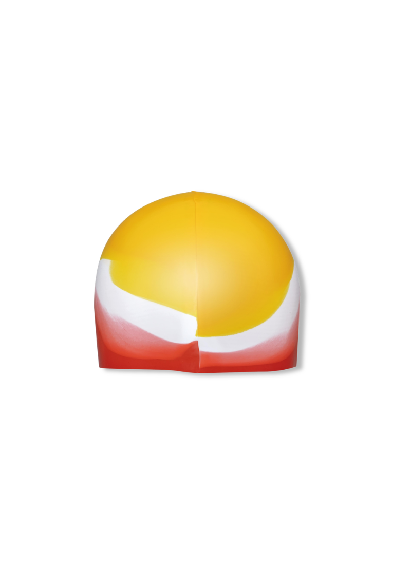 A swim cap featuring a color-blocked design with a large orange top section, a white middle band, and a red bottom section, shown against a plain white background.