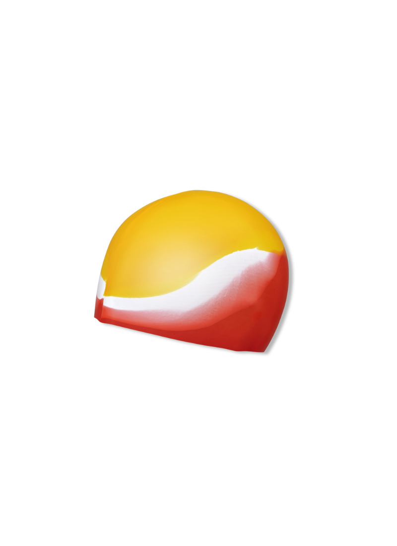A swim cap with a color-blocked design featuring an orange top section, a white middle band, and a red bottom section, shown on a plain white background.