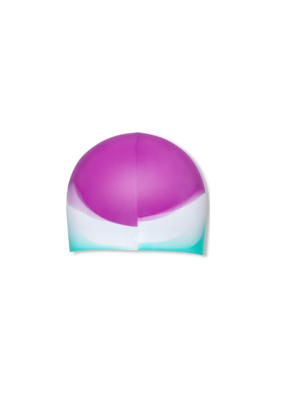 A silicone swim cap with a color-blocked design featuring a vibrant purple top half, a white middle band, and a cyan bottom band, shown against a plain white background.