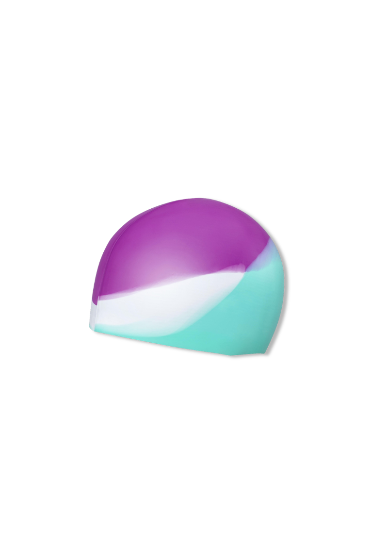 A silicone swim cap with a three-color gradient design of purple, white, and cyan, shown on a plain white background.