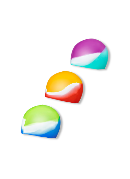 Three  bestway swim caps arranged diagonally on a white background, each featuring a different color combination: purple and cyan, orange and red, and green and blue.