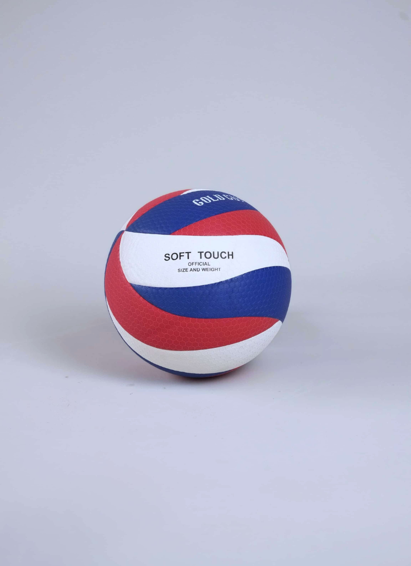 A size 5 Gold Cup indoor and outdoor volleyball featuring a red, white, and blue synthetic leather panel design with "Soft Touch" text.