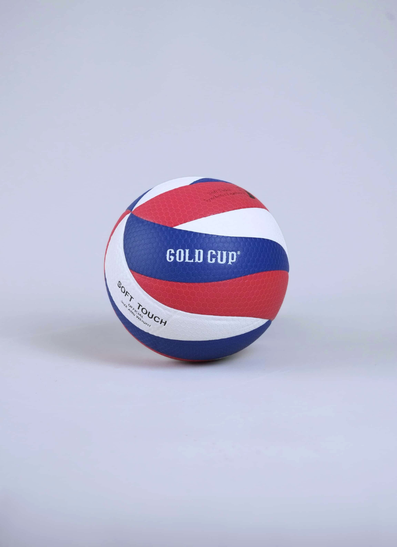 Front view of the red, white, and blue Gold Cup size 5 volleyball displaying the official size and weight text.