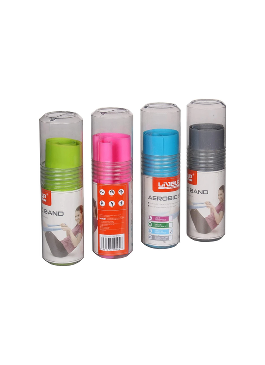 Set of four Liveup flat resistance bands rolled inside clear plastic travel tubes